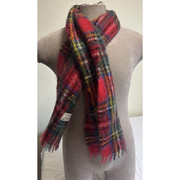 Highland Clothing Accessories - Vintage 100% Wool Mohair Plaid Fringe Scarf Made In Scotland Blue Red Academia